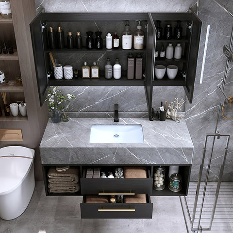 Guiles Modern 39" Grey & Black Floating Bathroom Vanity Set Stone Top Wall Mounted Bathroom Cabinet