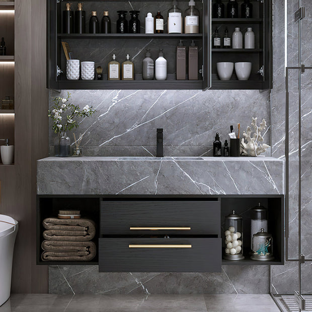 Guiles Modern 39" Grey & Black Floating Bathroom Vanity Set Stone Top Wall Mounted Bathroom Cabinet