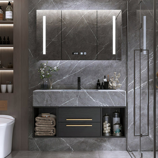 Guiles Modern 39" Grey & Black Floating Bathroom Vanity Set Stone Top Wall Mounted Bathroom Cabinet