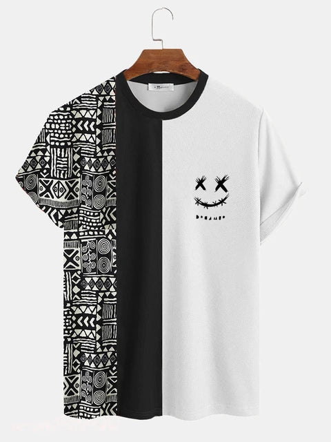 ChArmkpR Men's T-shirts Summer Geometric Print Patchwork Knit Short Sleeve T-Shirts Casual Fashion Tops Tee Oversized Shirt