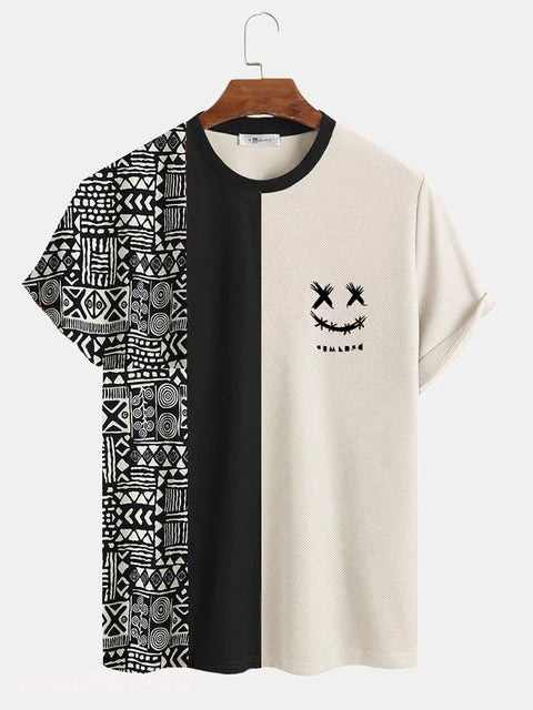 ChArmkpR Men's T-shirts Summer Geometric Print Patchwork Knit Short Sleeve T-Shirts Casual Fashion Tops Tee Oversized Shirt