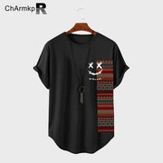 2024 Streetwear ChArmkpR Summer Men T-Shirts Geometric Print Patchwork Short Sleeve Tops Camisas Men Clothing Oversize Tee S-2XL