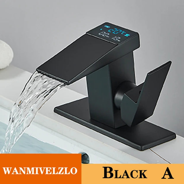 Smart Digital Display Basin Sink Faucet Hot Cold Water Temperature LED Washbasin Waterfall Taps Bathroom Deck Mixers