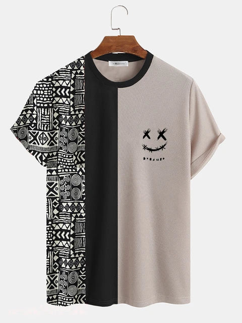 ChArmkpR Men's T-shirts Summer Geometric Print Patchwork Knit Short Sleeve T-Shirts Casual Fashion Tops Tee Oversized Shirt