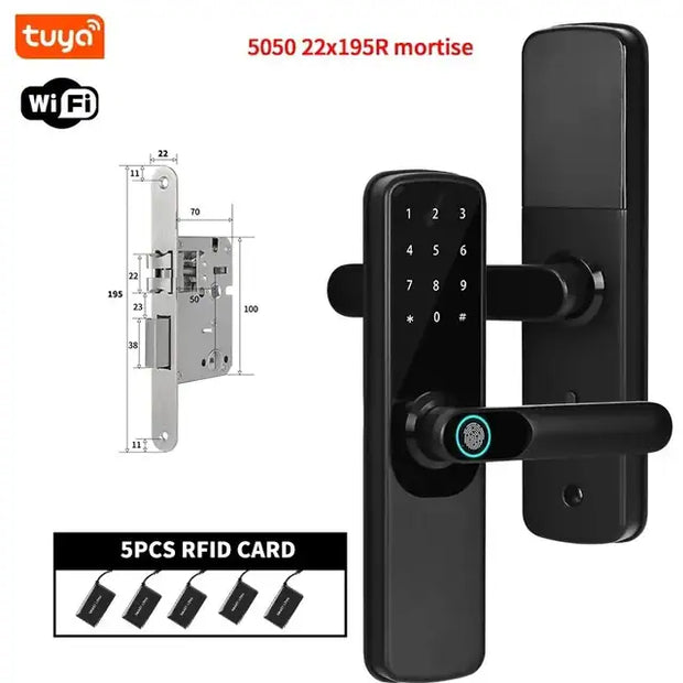 Tuya Wifi Electronic Smart Door Lock With Biometric Fingerprint / Smart Card / Password / Key Unlock/ USB Emergency Charge