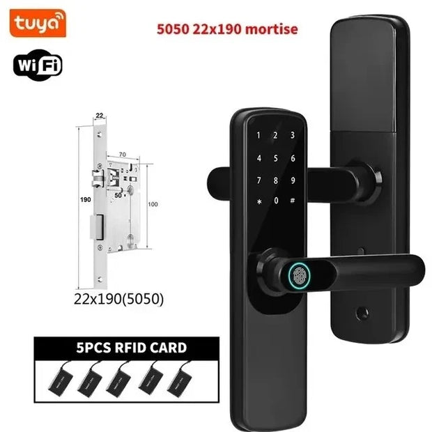 Tuya Wifi Electronic Smart Door Lock With Biometric Fingerprint / Smart Card / Password / Key Unlock/ USB Emergency Charge