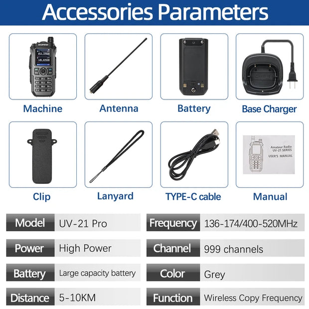 Baofeng UV 21 Pro Draadloze Copy Frequentie Walkie Talkie 16 KM Lange Range Waterdichte Zaklamp Type-C Oplader Ham Radio UV 5R