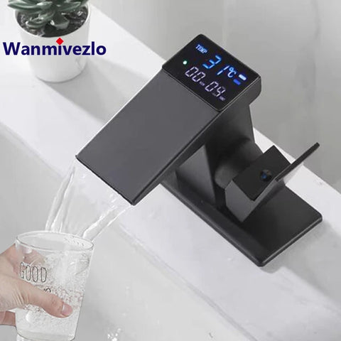 Smart Digital Display Basin Sink Faucet Hot Cold Water Temperature LED Washbasin Waterfall Taps Bathroom Deck Mixers