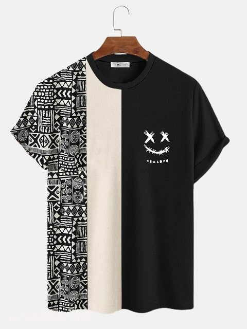 ChArmkpR Men's T-shirts Summer Geometric Print Patchwork Knit Short Sleeve T-Shirts Casual Fashion Tops Tee Oversized Shirt