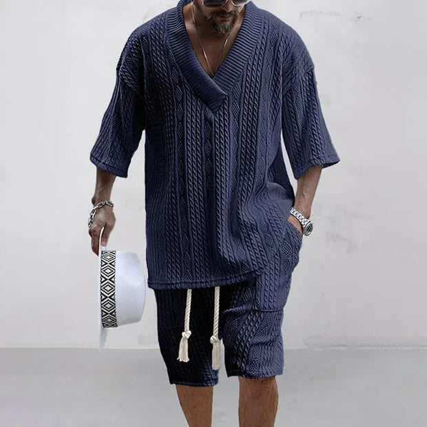 2024 Summer Casual Shorts Set Knitted Two Piece Men's Clothing V-Neck Short Sleeve T-shirt and Shorts Streetwear Knit Outfits