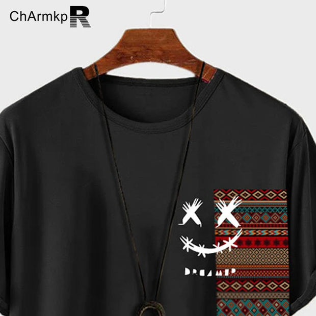 2024 Streetwear ChArmkpR Summer Men T-Shirts Geometric Print Patchwork Short Sleeve Tops Camisas Men Clothing Oversize Tee S-2XL