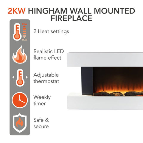 Warmlite Hingham Wall Mounted Fireplace with Two Heat Settings, Adjustable Flame Brightness, 2000W