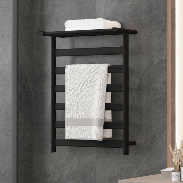 Black Wall-Mount Electric Towel Warmer Heated Towel Rack With Top Shelf Stainless Steel