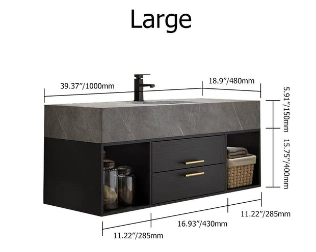 Guiles Modern 39" Grey & Black Floating Bathroom Vanity Set Stone Top Wall Mounted Bathroom Cabinet