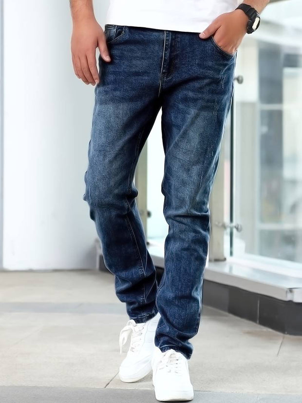 Men's Casual Medium Stretch Jeans, Classic Design Denim Pants