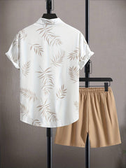 Men's Two-piece Outfits, Leaf Print Button Up Shirt And Drawstring Plain Shorts, Casual Loose Clothing For Summer