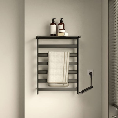 Black Wall-Mount Electric Towel Warmer Heated Towel Rack With Top Shelf Stainless Steel