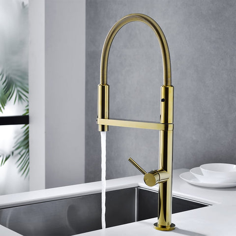 Single Hole High Arc Magnetic Kitchen Faucet Dual-Function Spray In Gold