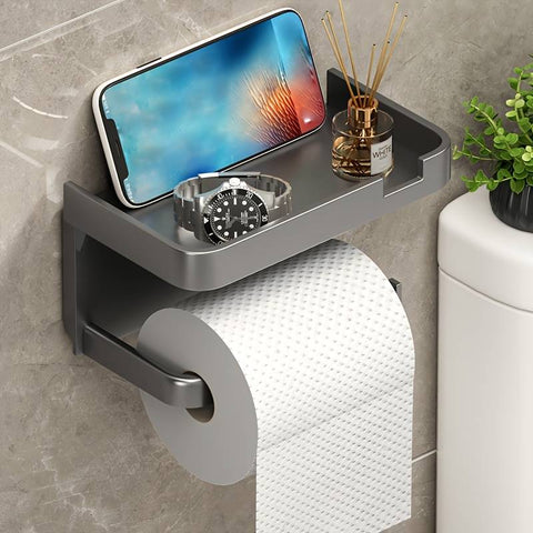 Punch-Free Wall-Mounted Toilet Paper Holder with Phone Shelf