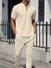 2pcs Men's Casual Short Sleeve Zip-Collar T-Shirt And Long Pants Set, Comfort Fit Loungewear, Solid Color Outfit