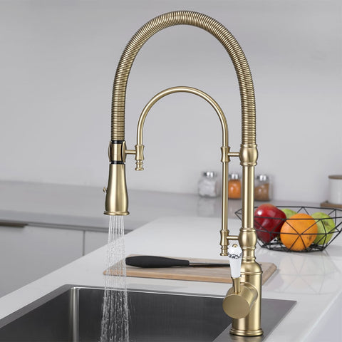 Brushed Gold High Arc Dual-Mode Pull-Down Kitchen Faucet Solid Brass Porcelain Handle