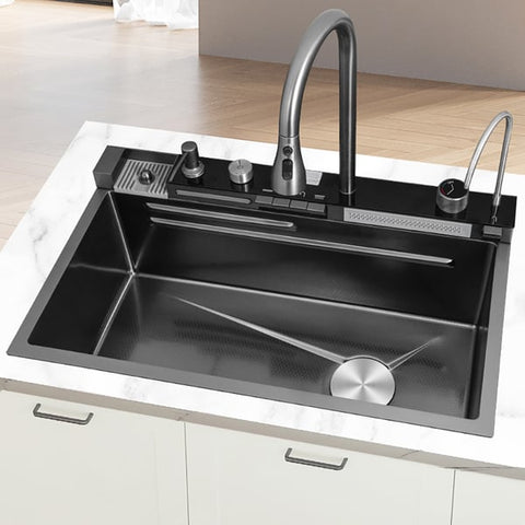 Black drop-In Workstation Kitchen Sink With Accessories.