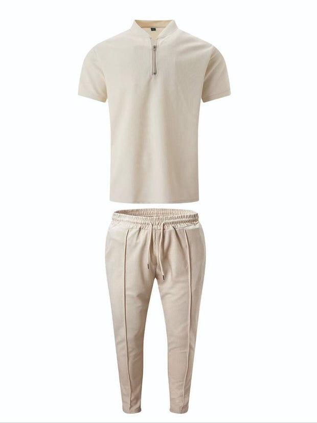 2pcs Men's Casual Short Sleeve Zip-Collar T-Shirt And Long Pants Set, Comfort Fit Loungewear, Solid Color Outfit