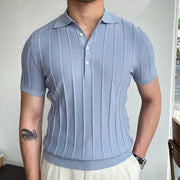 Men Casual Short Sleeve Lapel Light Blue Vertical Striped Color Blocking Knitted Polo Shirt