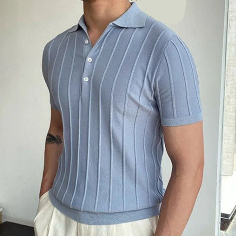 Men Casual Short Sleeve Lapel Light Blue Vertical Striped Color Blocking Knitted Polo Shirt