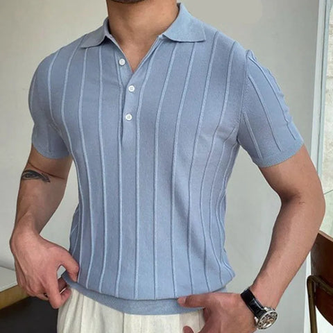 Men Casual Short Sleeve Lapel Light Blue Vertical Striped Color Blocking Knitted Polo Shirt