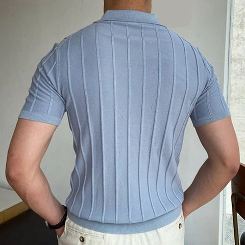 Men Casual Short Sleeve Lapel Light Blue Vertical Striped Color Blocking Knitted Polo Shirt