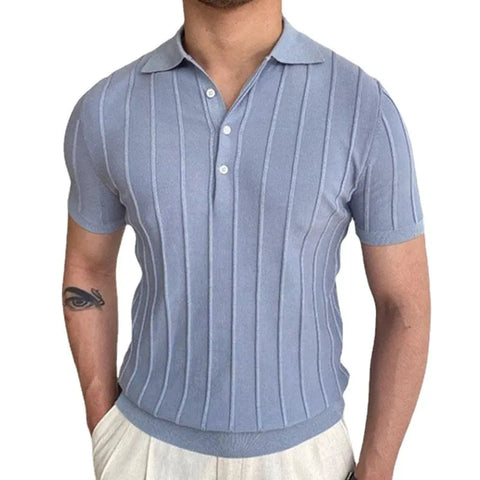 Men Casual Short Sleeve Lapel Light Blue Vertical Striped Color Blocking Knitted Polo Shirt