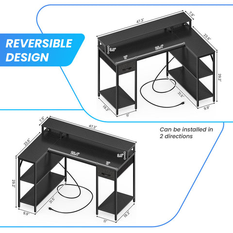 Coolbrook Gaming Desk with LED Lights, L-Shaped Desk with Power Outlets, Computer Desk with Storage, Writing Desk with Monitor Stand, Home Office Desk, L Desk