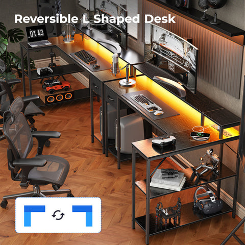 Coolbrook Gaming Desk with LED Lights, L-Shaped Desk with Power Outlets, Computer Desk with Storage, Writing Desk with Monitor Stand, Home Office Desk, L Desk
