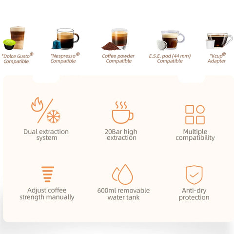 HiBREW H2B 5 in 1 Multi-Capsule Cold & Hot Coffee Maker, Gray