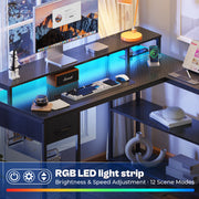 Coolbrook Gaming Desk with LED Lights, L-Shaped Desk with Power Outlets, Computer Desk with Storage, Writing Desk with Monitor Stand, Home Office Desk, L Desk
