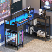 Coolbrook Gaming Desk with LED Lights, L-Shaped Desk with Power Outlets, Computer Desk with Storage, Writing Desk with Monitor Stand, Home Office Desk, L Desk