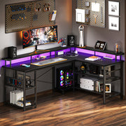 Latarya 59''W L-Shaped Desk with Steel Storage Shelves,Reversible Computer Desk with Built-in Outlets and LED Strip Lights