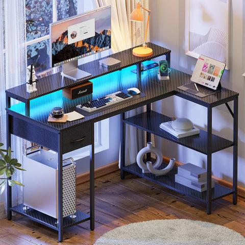 Coolbrook Gaming Desk with LED Lights, L-Shaped Desk with Power Outlets, Computer Desk with Storage, Writing Desk with Monitor Stand, Home Office Desk, L Desk