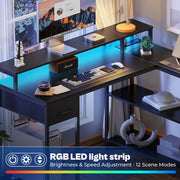 Coolbrook Gaming Desk with LED Lights, L-Shaped Desk with Power Outlets, Computer Desk with Storage, Writing Desk with Monitor Stand, Home Office Desk, L Desk