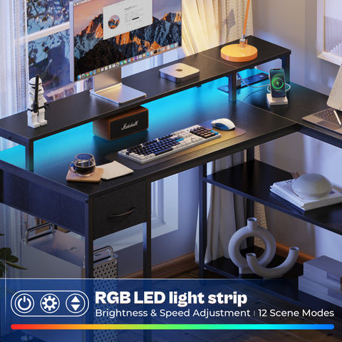 Coolbrook Gaming Desk with LED Lights, L-Shaped Desk with Power Outlets, Computer Desk with Storage, Writing Desk with Monitor Stand, Home Office Desk, L Desk