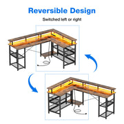Latarya 59''W L-Shaped Desk with Steel Storage Shelves,Reversible Computer Desk with Built-in Outlets and LED Strip Lights