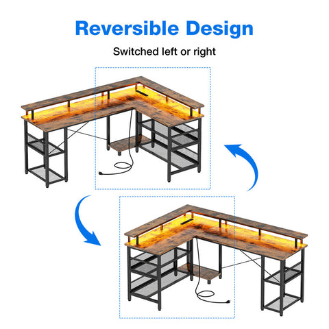Latarya 59''W L-Shaped Desk with Steel Storage Shelves,Reversible Computer Desk with Built-in Outlets and LED Strip Lights