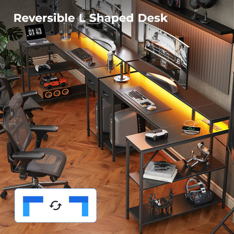 Coolbrook Gaming Desk with LED Lights, L-Shaped Desk with Power Outlets, Computer Desk with Storage, Writing Desk with Monitor Stand, Home Office Desk, L Desk