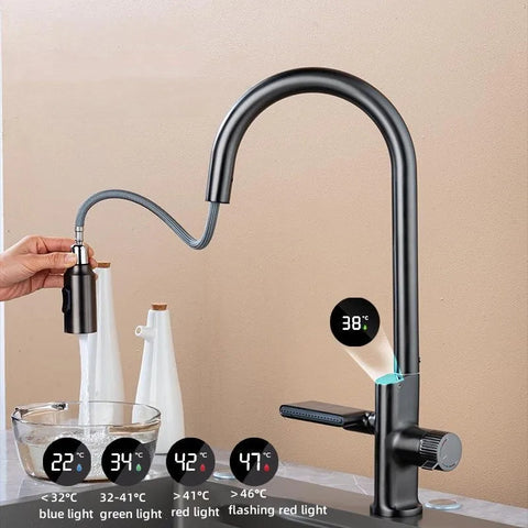 WATERFALL TEMPERATURE SENSOR DIGITAL DISPLAY KITCHEN PULL-OUT FAUCET