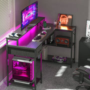Coolbrook Gaming Desk with LED Lights, L-Shaped Desk with Power Outlets, Computer Desk with Storage, Writing Desk with Monitor Stand, Home Office Desk, L Desk
