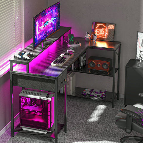 Coolbrook Gaming Desk with LED Lights, L-Shaped Desk with Power Outlets, Computer Desk with Storage, Writing Desk with Monitor Stand, Home Office Desk, L Desk